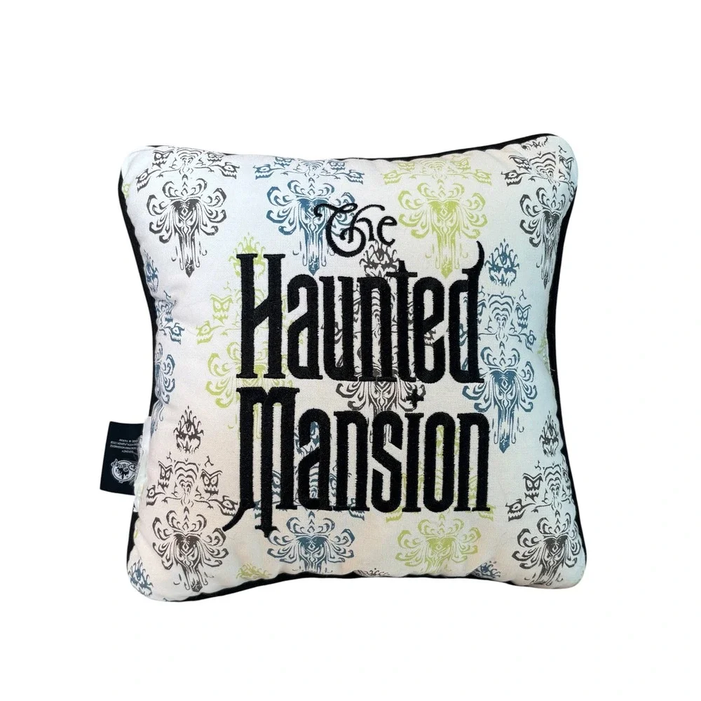 Disney Haunted Mansion Throw Pillow‎ Unisex 11x11 White Damask Wallpaper Logo